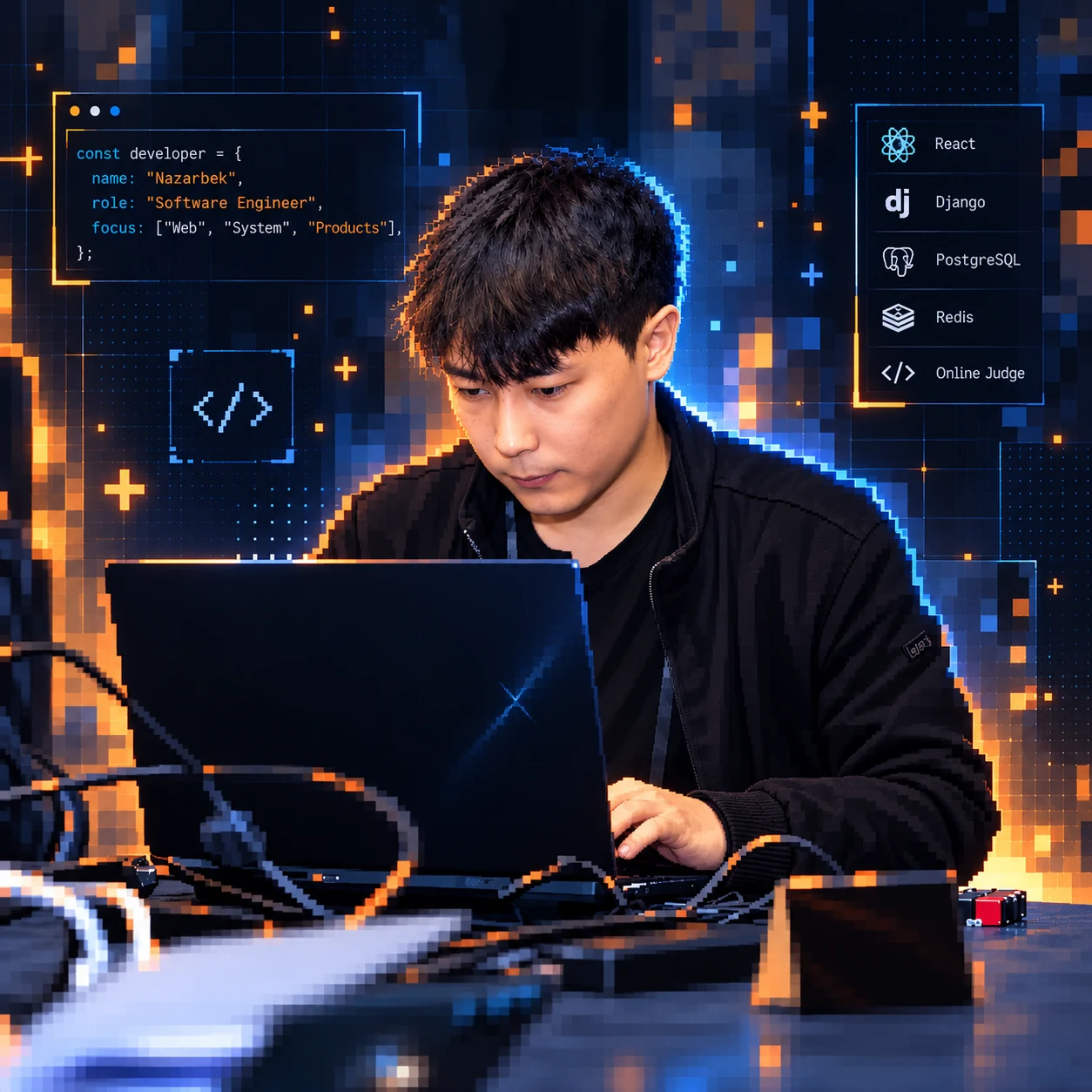 Nazarbek Baltabaev working at a laptop, with programming illustrations.